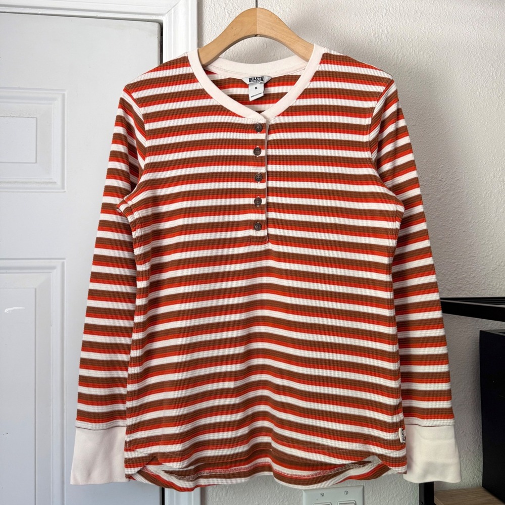 DULUTH TRADING CO. multicolor striped polo cotton Henley waffle thermal knit top
